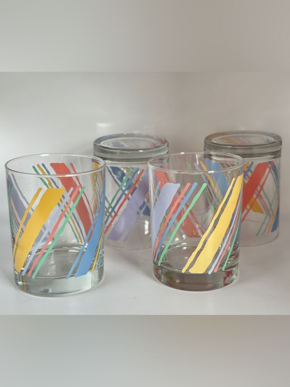 Set of 4 Libbey Lowball Glasses with Pastel Stripe Pattern - Rocks Tumblers